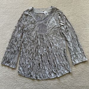 Indigo Soul Womens Sz M Burnout Velour Sheer Embroidered Boho Tunic Blouse NWT